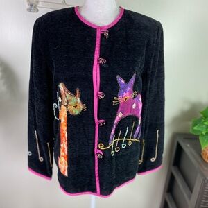Puffin Island women’s vintage embellished kitty cat knit cardigan sweater Sz S